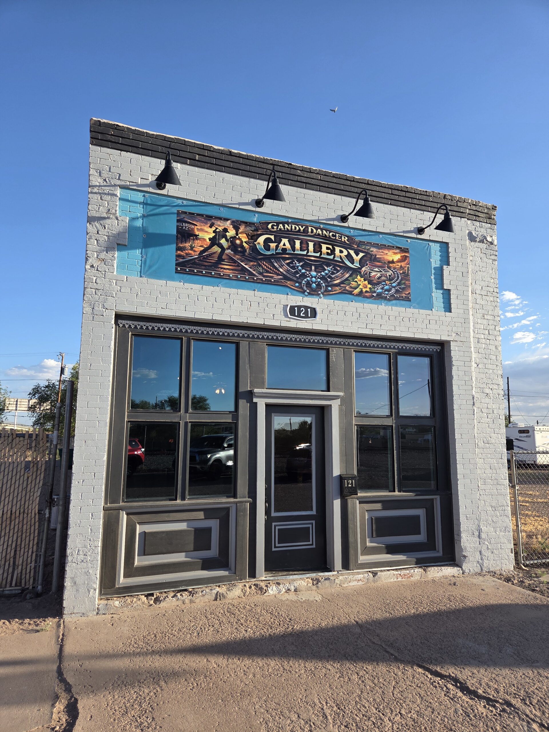 The storefront of The Gandy Dancer Gallery in downtown Holbrook, Arizona
